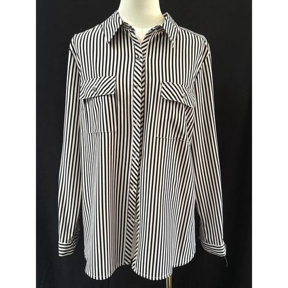 Women’s Notations Black & White Striped Button up Sz L - Picture 1 of 4